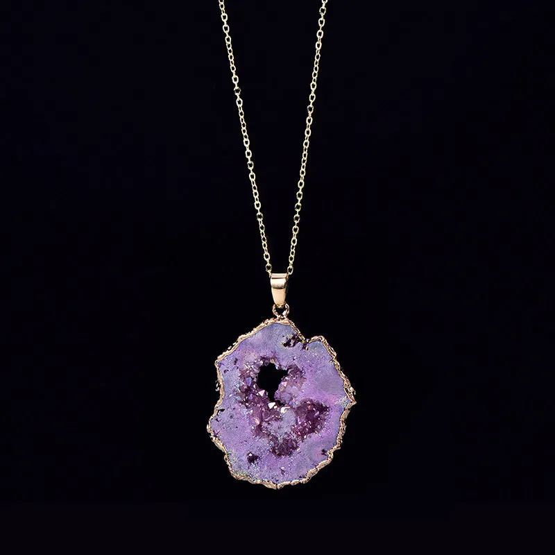 Natural Agate Quartz Geode Slice Pendant Crystal Necklace