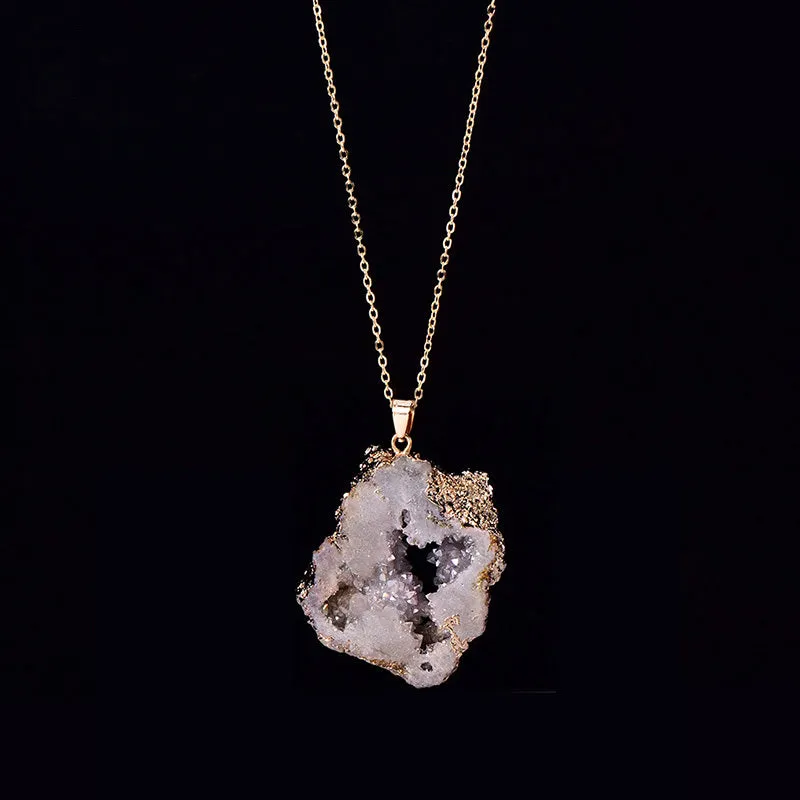 Natural Agate Quartz Geode Slice Pendant Crystal Necklace