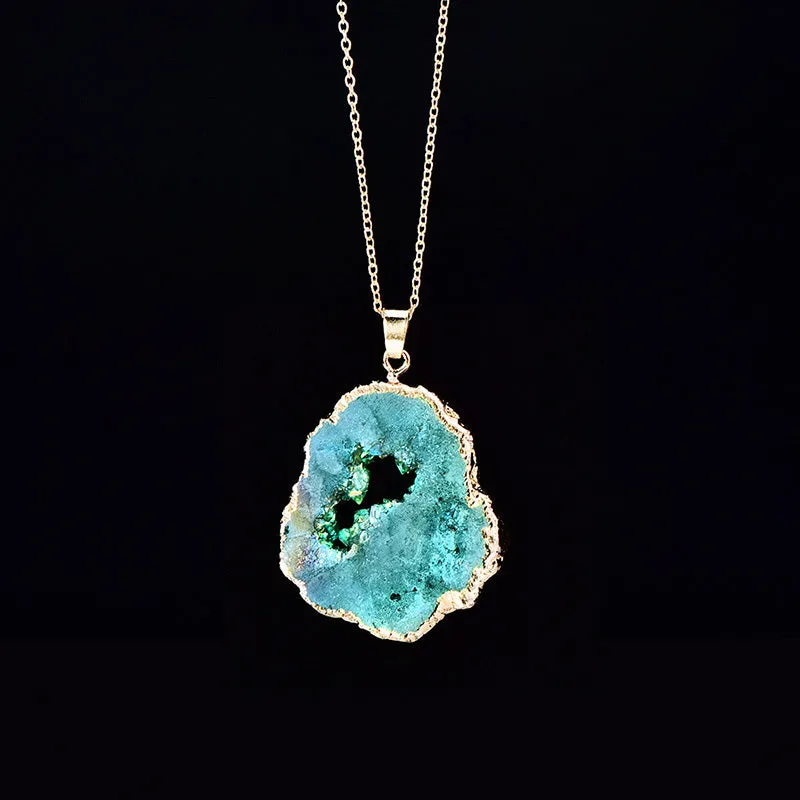 Natural Agate Quartz Geode Slice Pendant Crystal Necklace
