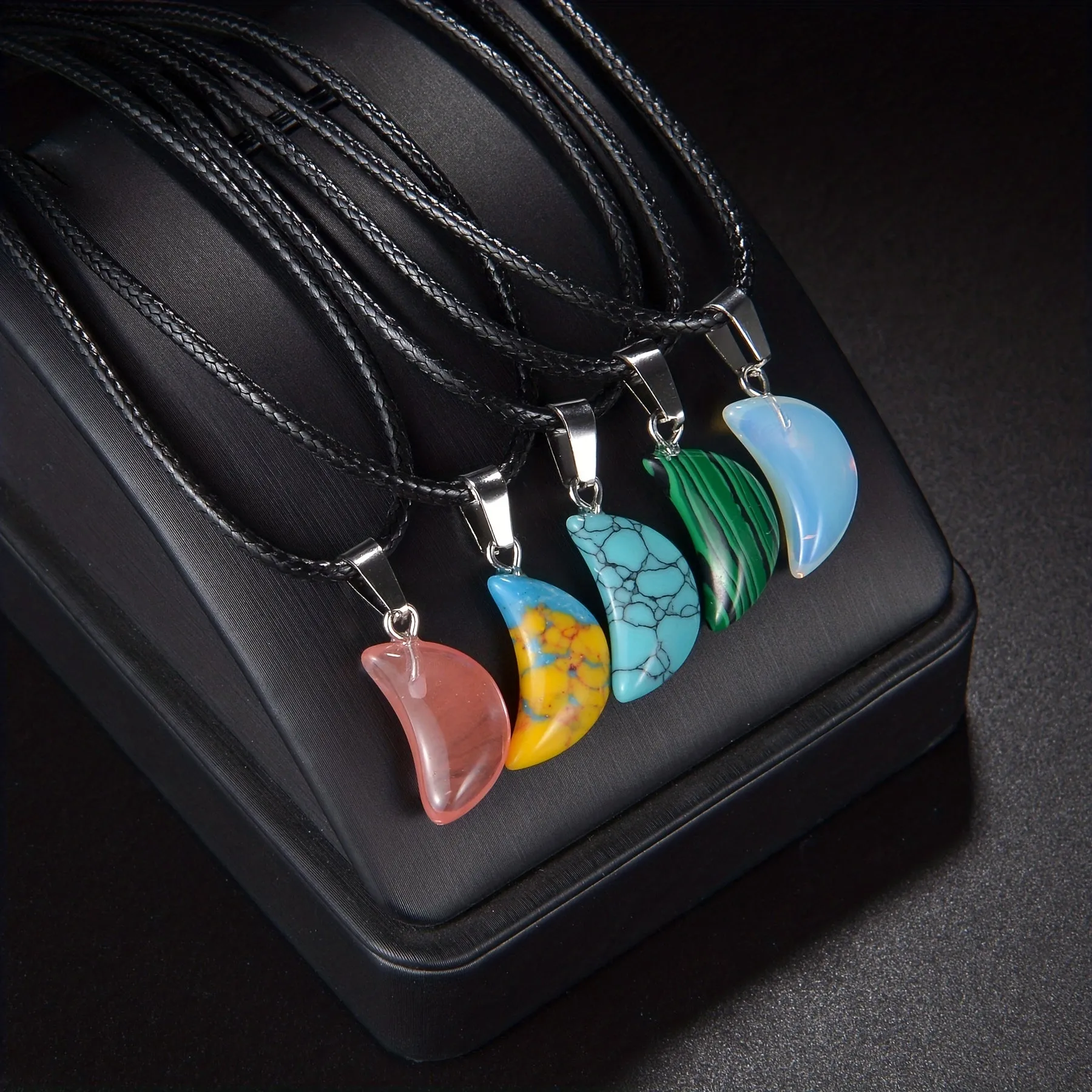Natural Crystal Crescent Pendant Necklace Reiki Polished Mineral Jewelry