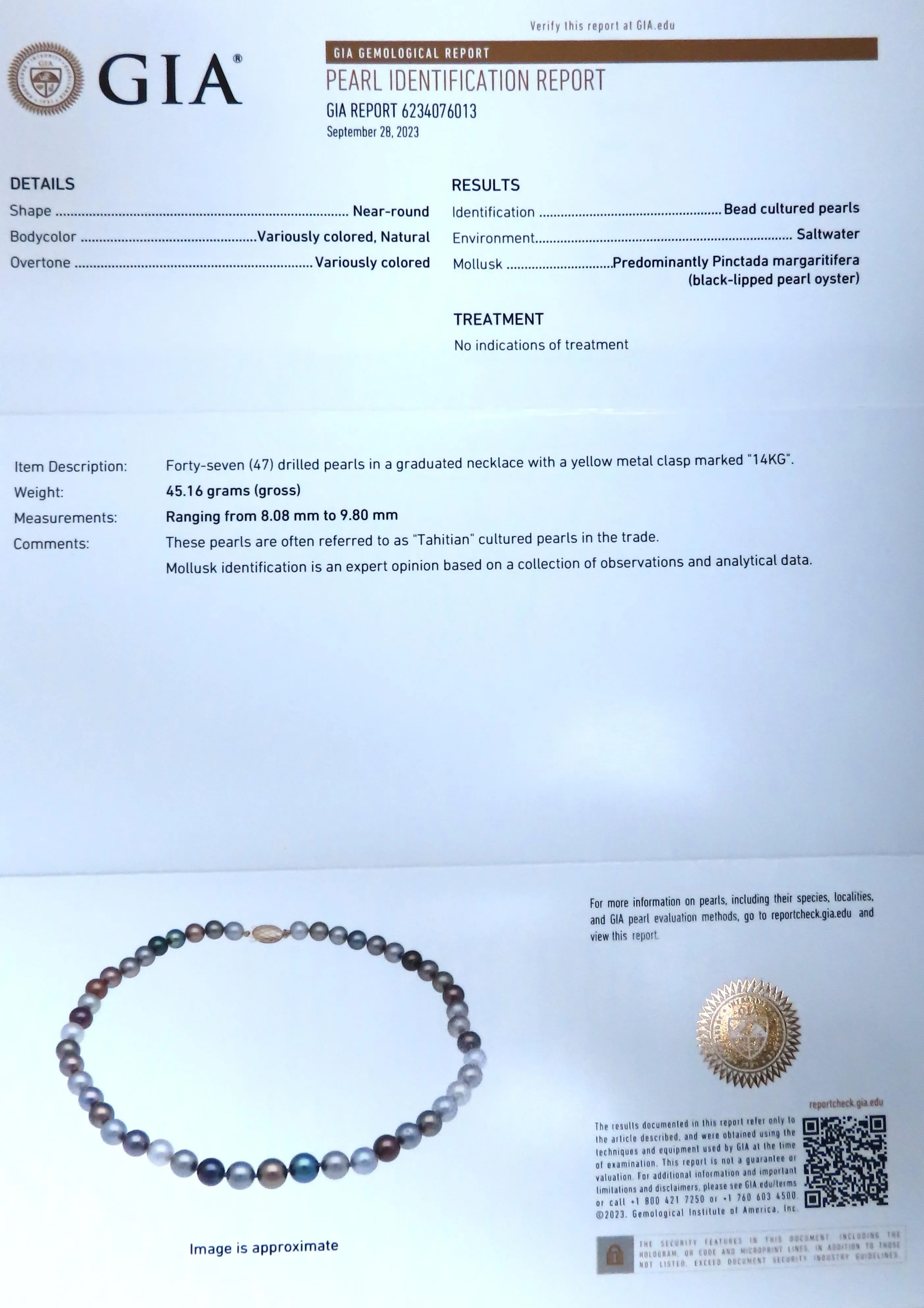 Natural Saltwater Tahitian Pearl Necklace GIA Certified Pinctada No Treat 12641