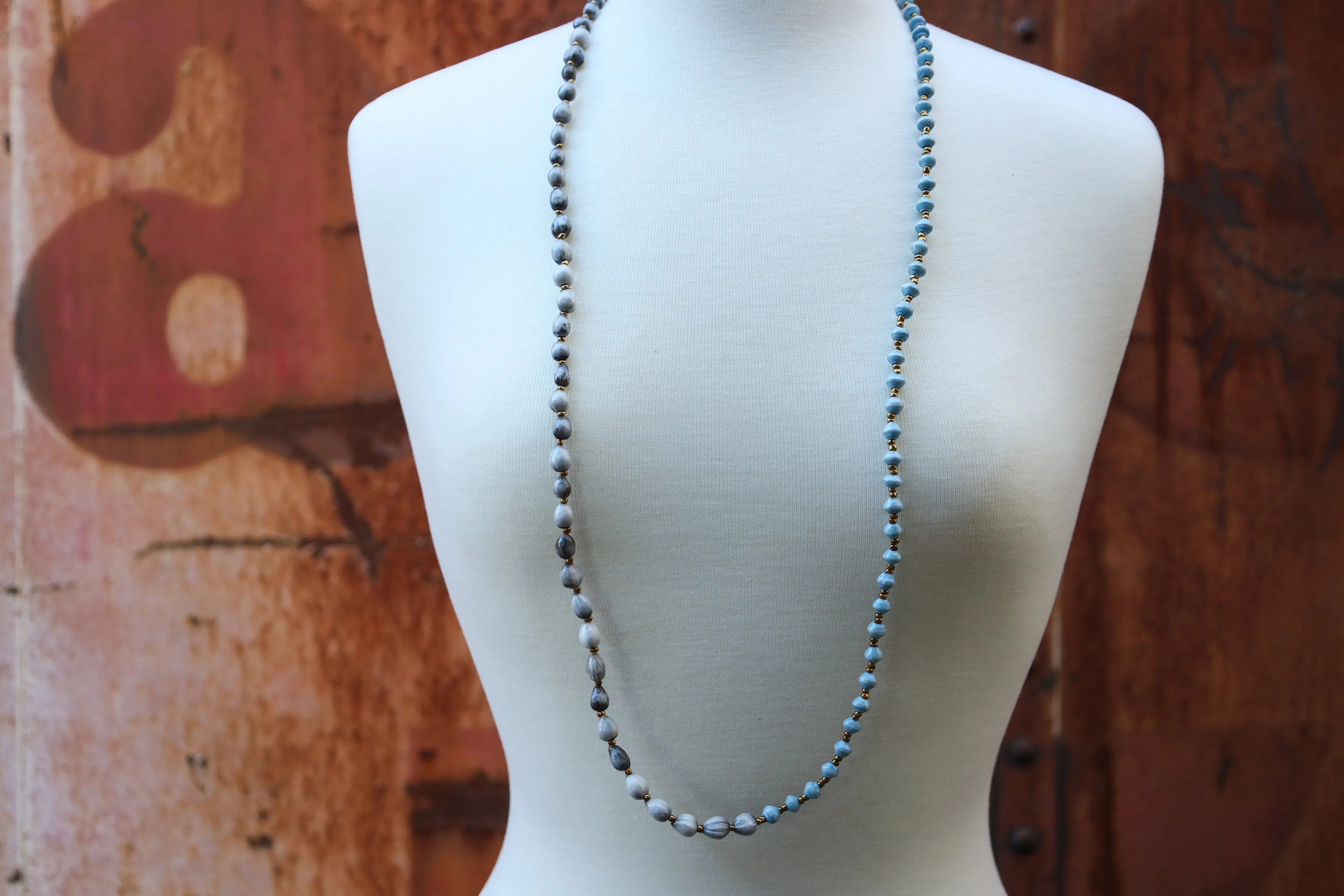 Natural seed and Recycled Paper Bead Necklace - Sky