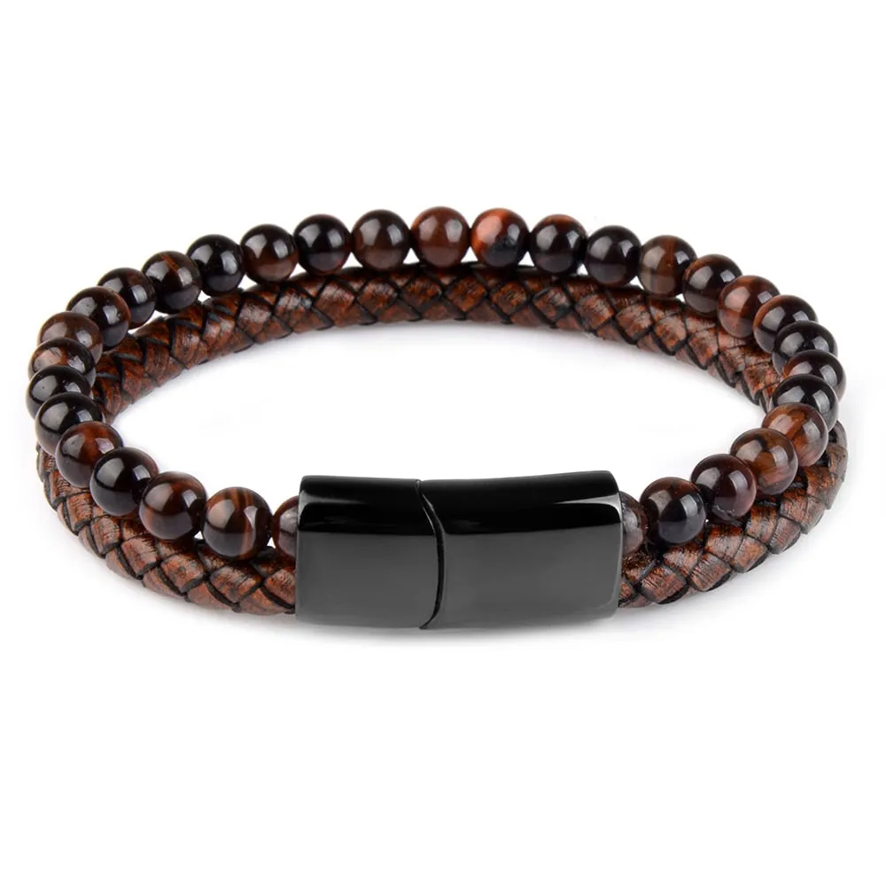 Natural Stone Bracelet Genuine Leather Tiger eye Bead Bangle Men Jewelry