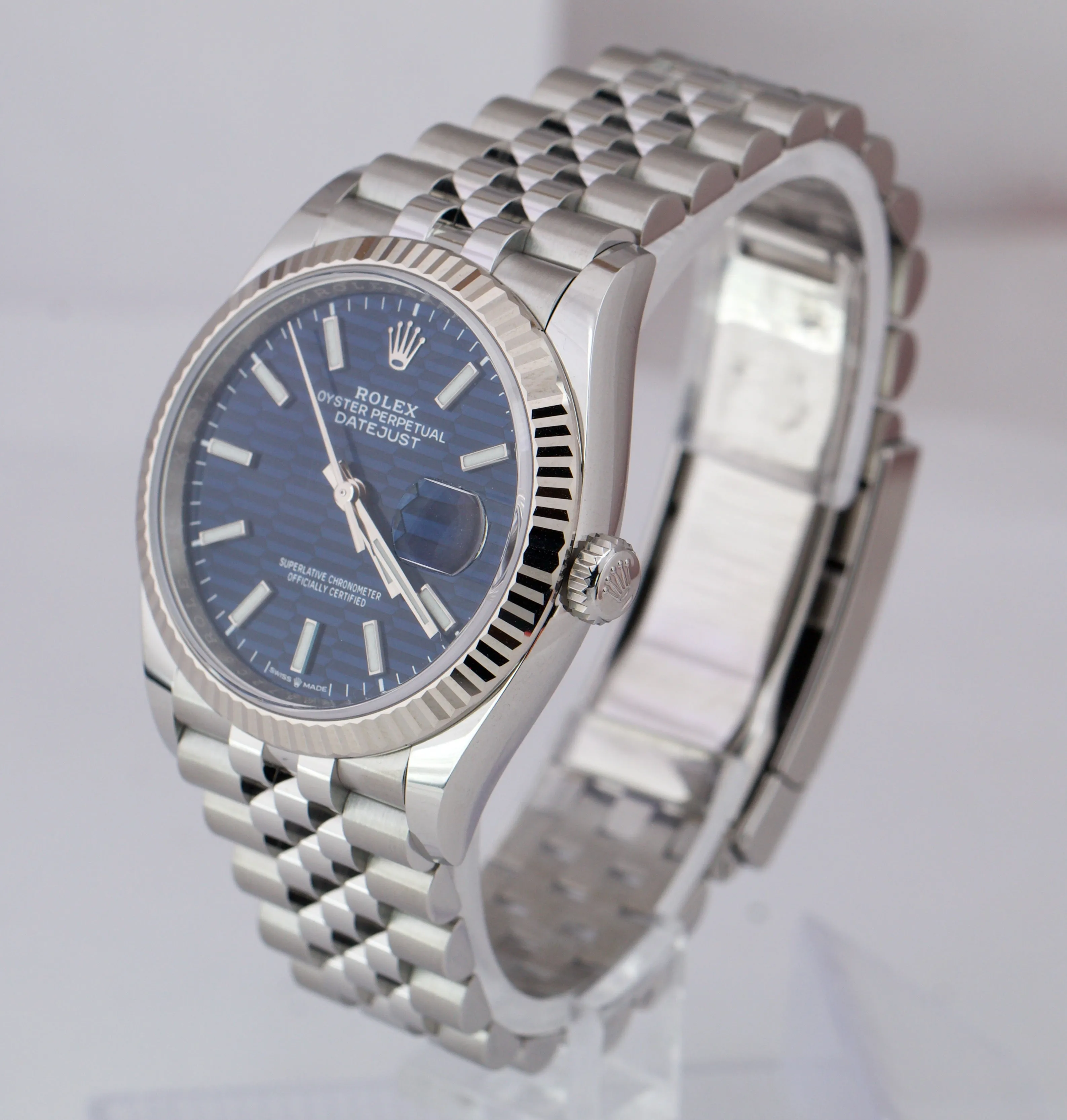 NEW 2022 Rolex DateJust BLUE MOTIF 36mm Fluted Steel 18K WG Jubilee Watch 126234