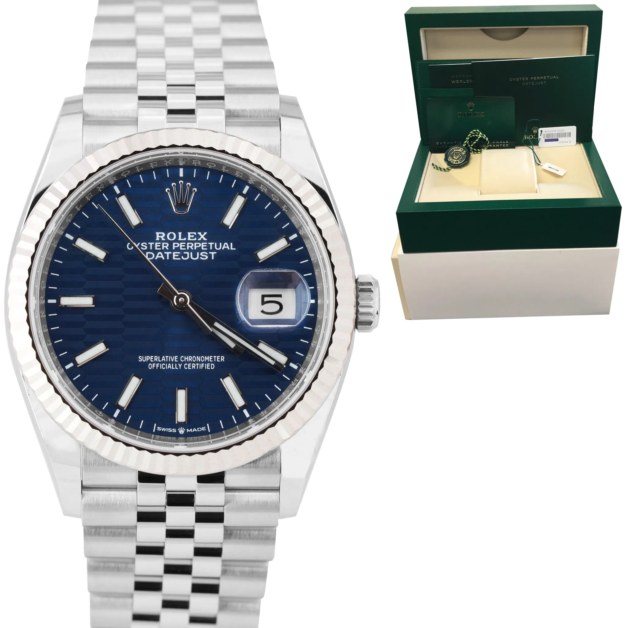 NEW 2022 Rolex DateJust BLUE MOTIF 36mm Fluted Steel 18K WG Jubilee Watch 126234