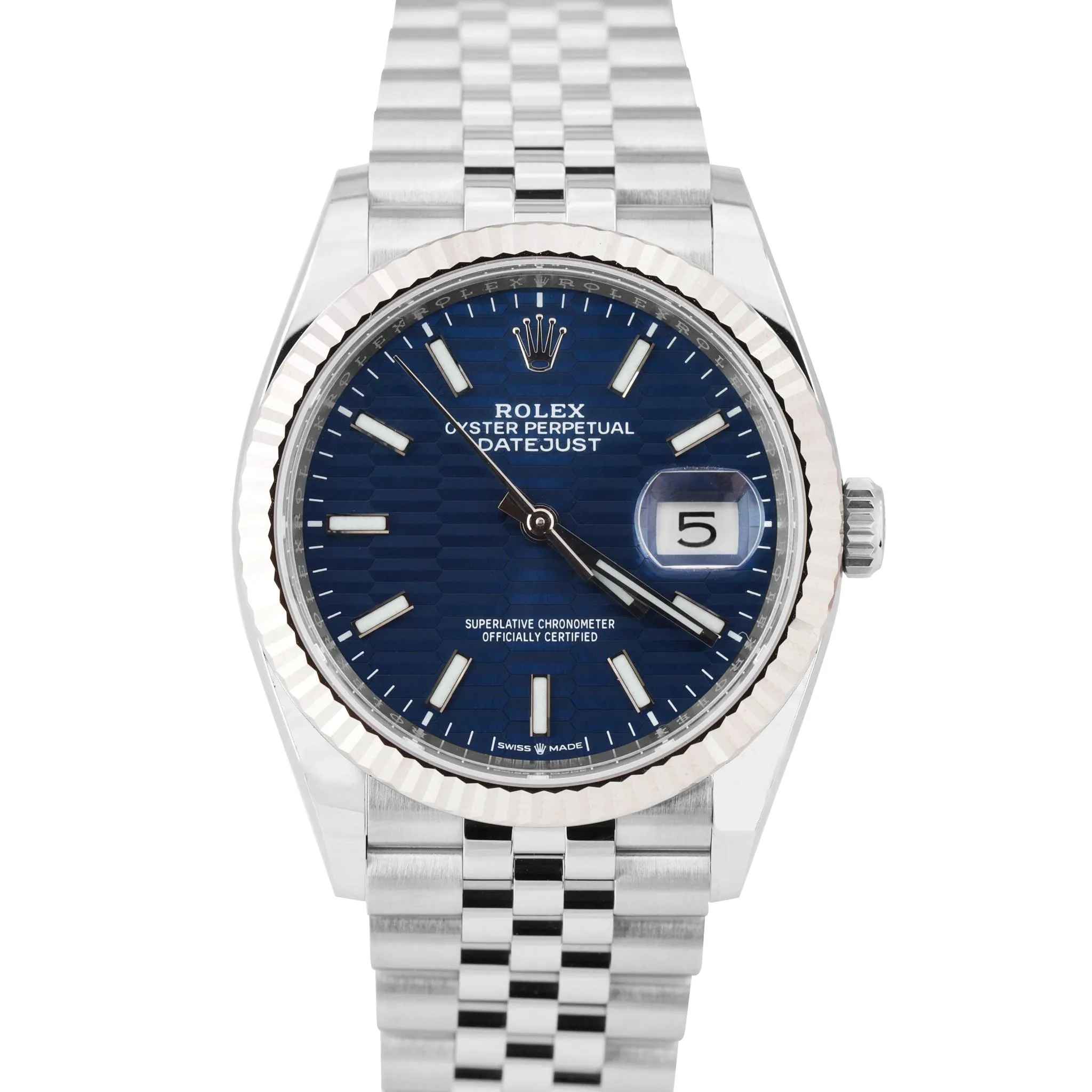 NEW 2022 Rolex DateJust BLUE MOTIF 36mm Fluted Steel 18K WG Jubilee Watch 126234