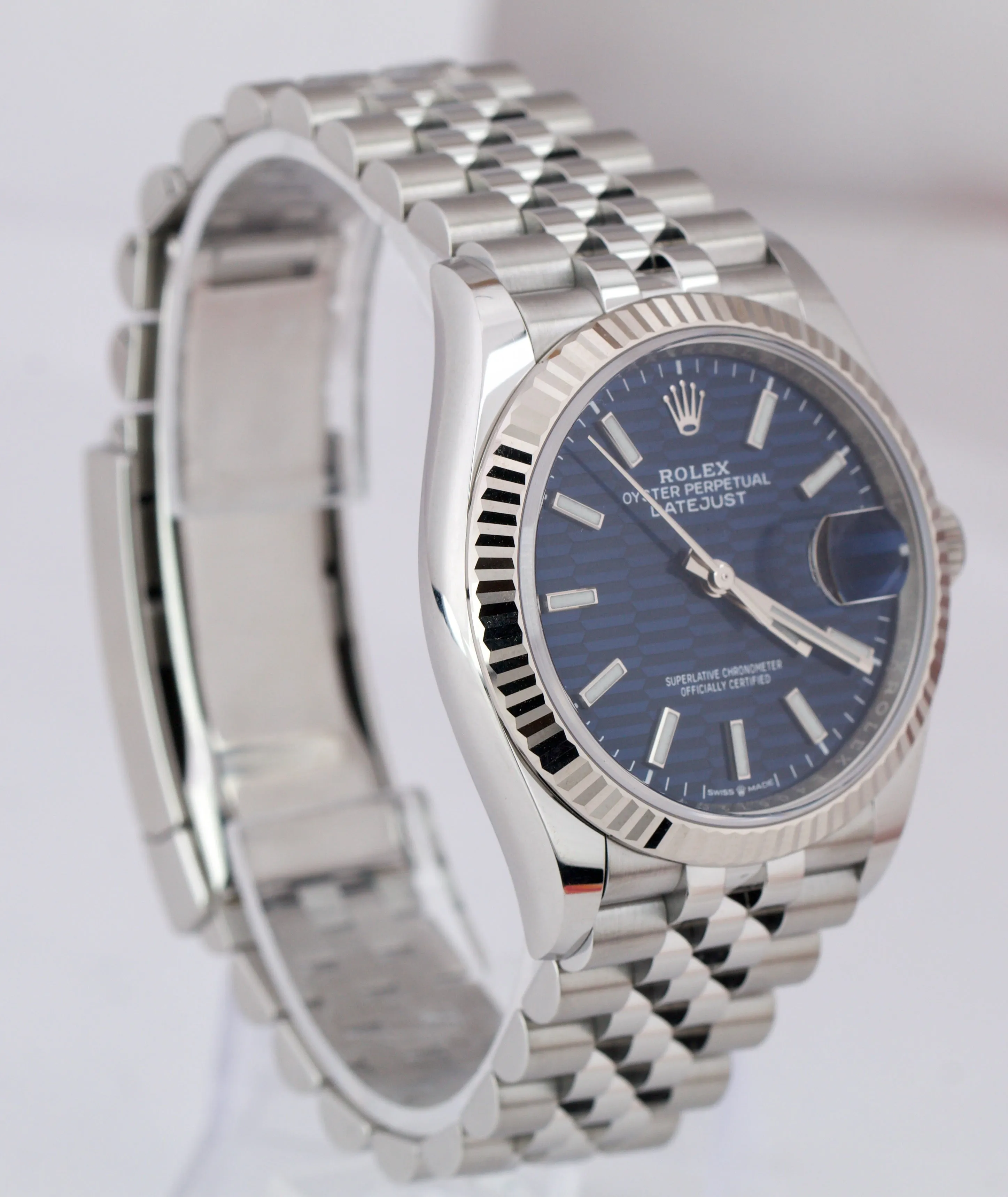 NEW 2022 Rolex DateJust BLUE MOTIF 36mm Fluted Steel 18K WG Jubilee Watch 126234