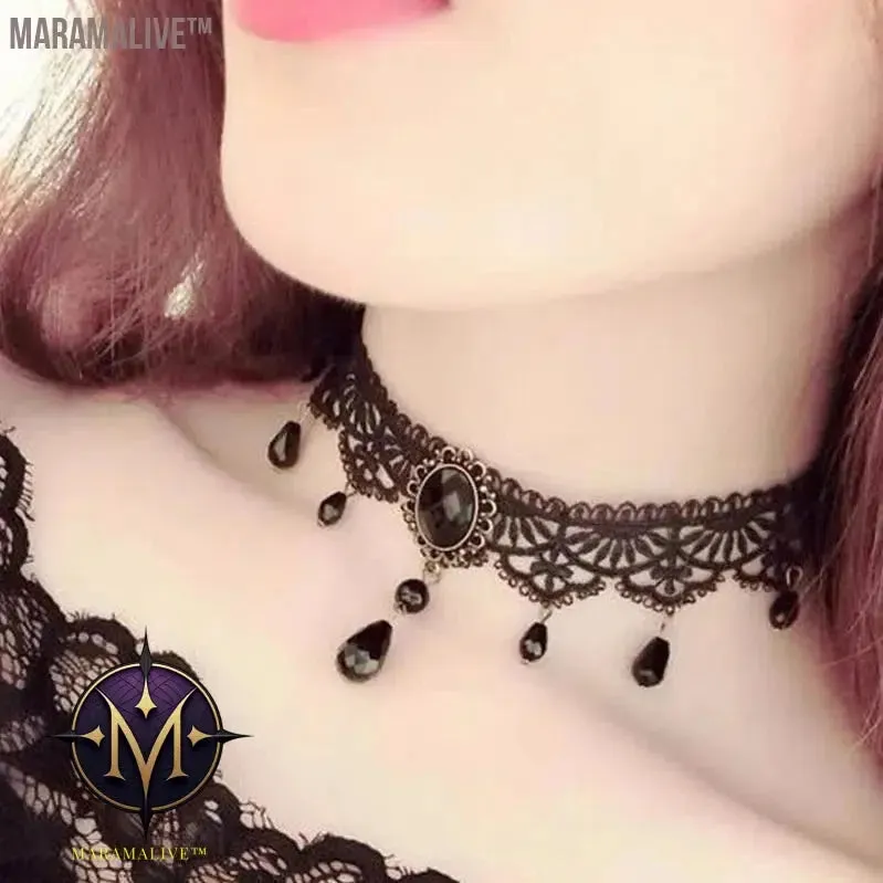 New Sexy Gothic Chokers Crystal Black Lace Neck Choker Necklace Vintage Victorian Women Chocker Steampunk Jewelry