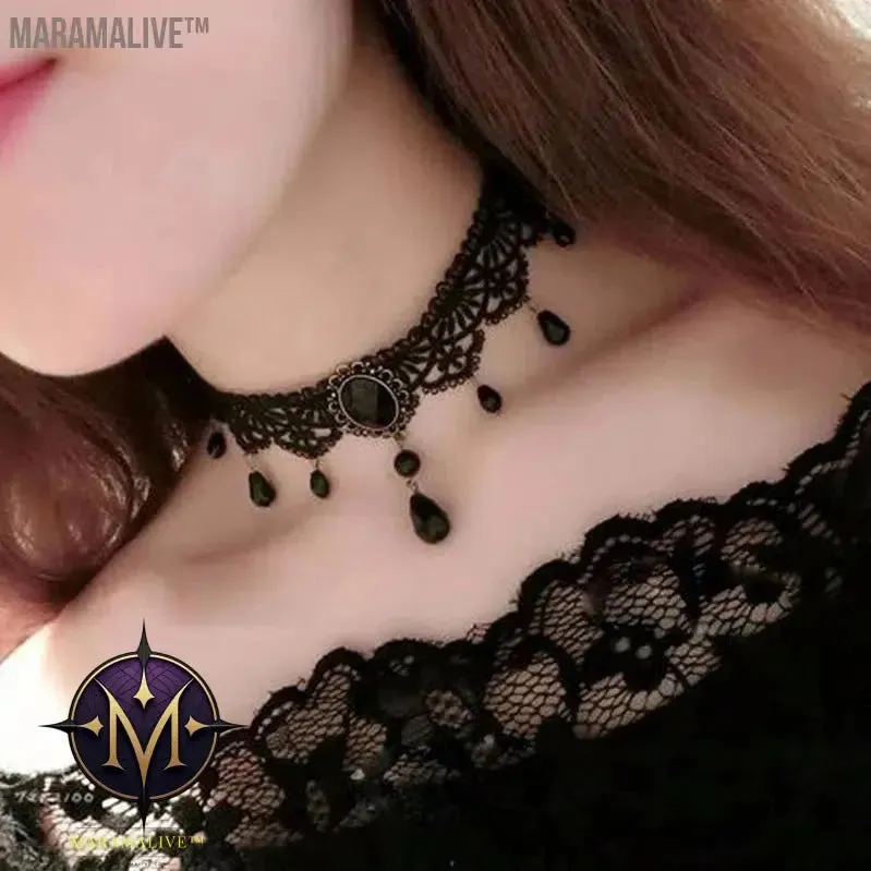 New Sexy Gothic Chokers Crystal Black Lace Neck Choker Necklace Vintage Victorian Women Chocker Steampunk Jewelry