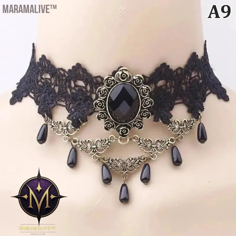 New Sexy Gothic Chokers Crystal Black Lace Neck Choker Necklace Vintage Victorian Women Chocker Steampunk Jewelry