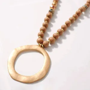 O Pendant Long Necklace with Tan Beads