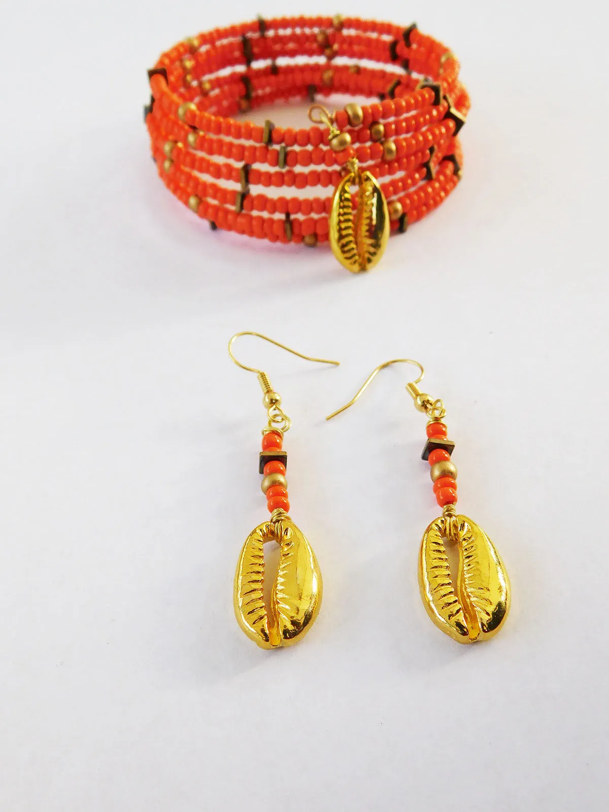 Orange Bracelet Beaded Brass Ethnic Jewelry Set Earrings