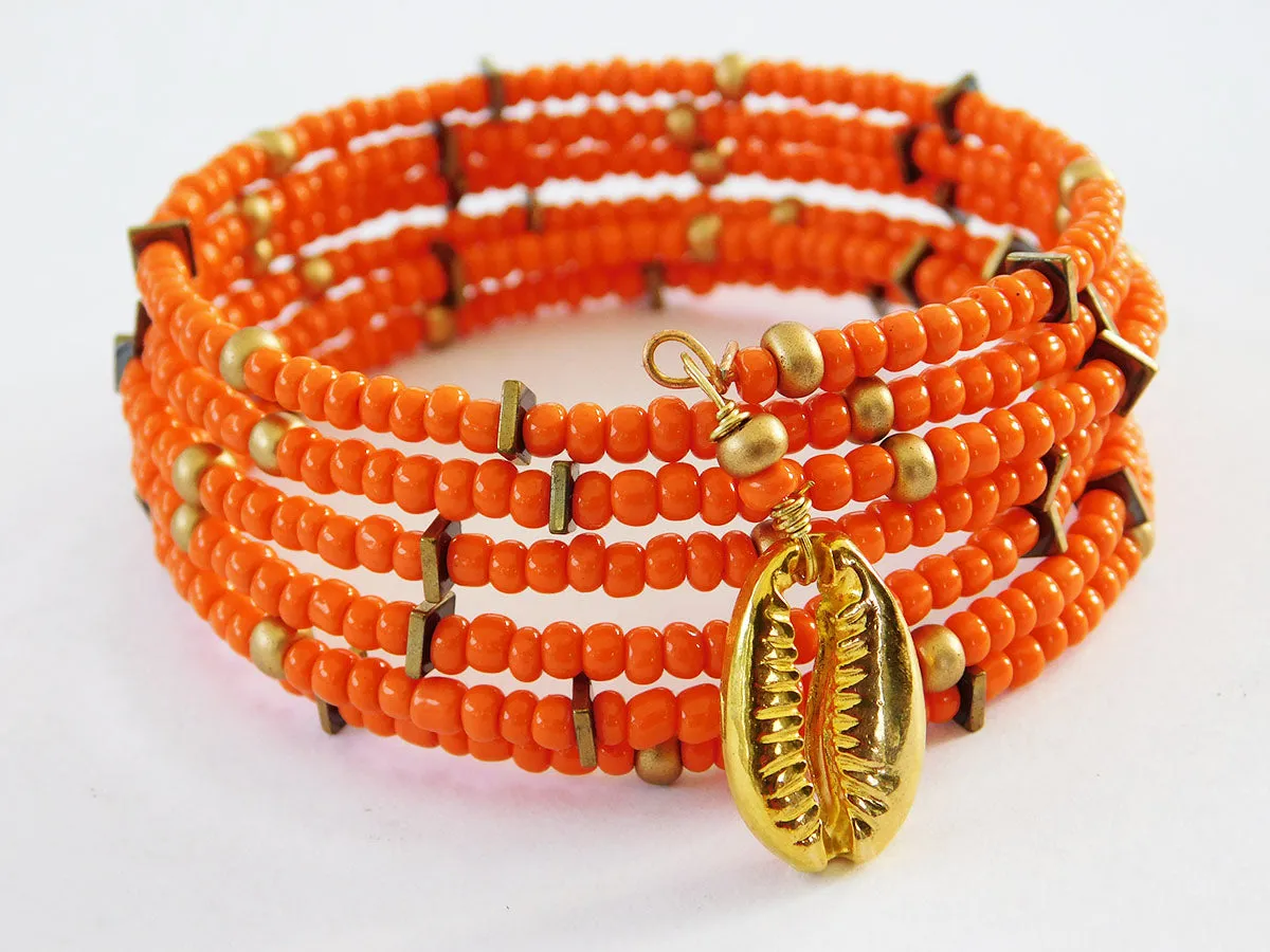Orange Bracelet Beaded Brass Ethnic Jewelry Set Earrings