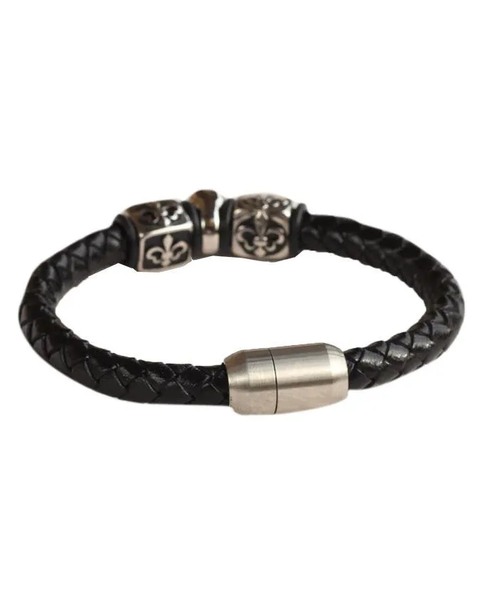 PalmBeach Black Sliver Skull Leather Bracelet in Stainless
