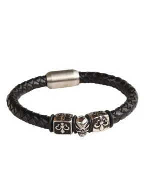 PalmBeach Black Sliver Skull Leather Bracelet in Stainless
