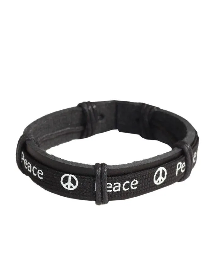 Peace Unisex Dark Black Leather Wrap Bracelet