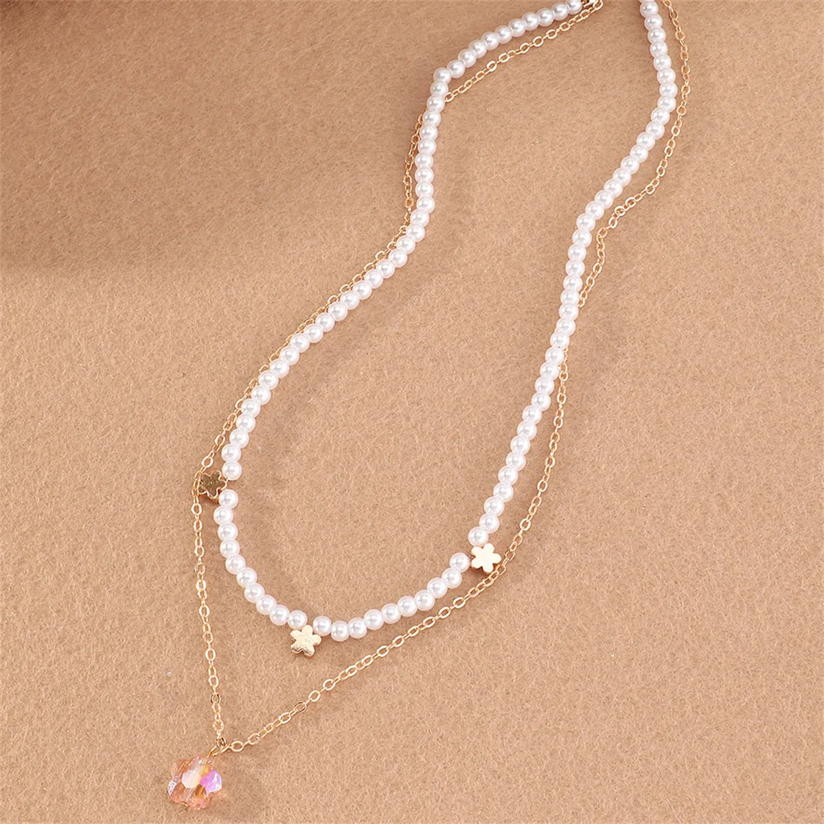 Pearl & Crystal 18K Gold-Plated Flower Layered Pendant Necklace