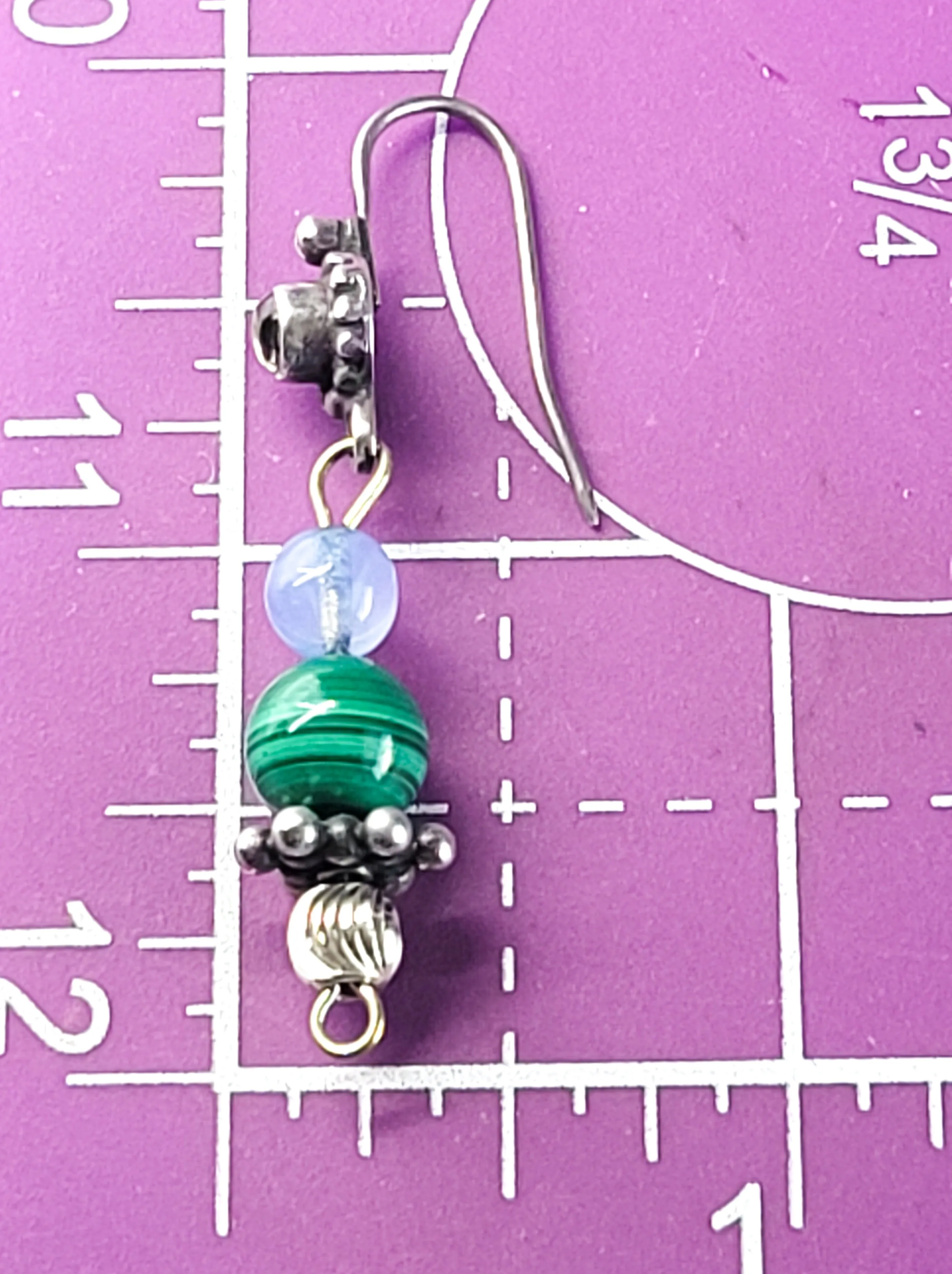 Peridot and Malachite vintage beaded drop sterling silver earrings