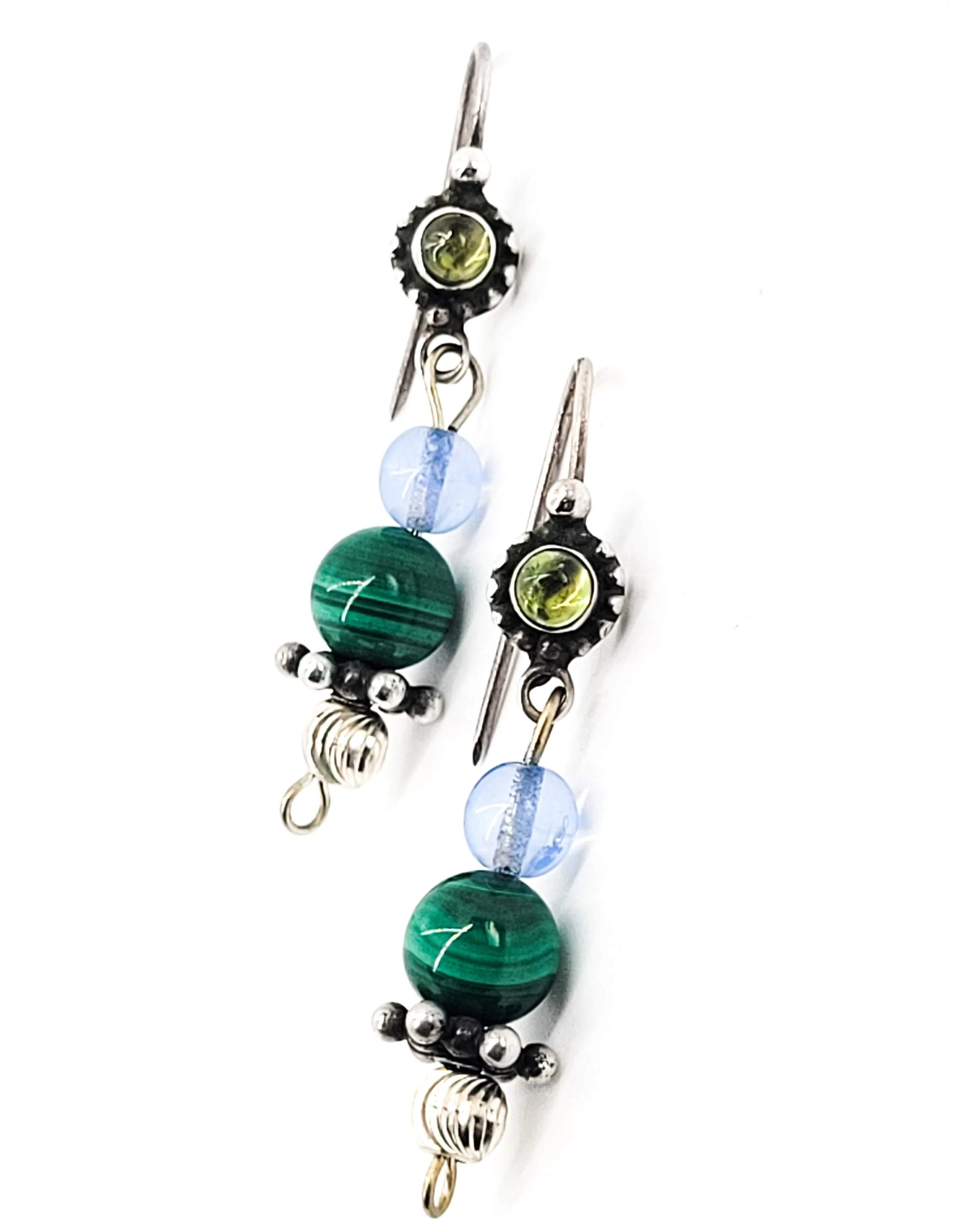 Peridot and Malachite vintage beaded drop sterling silver earrings