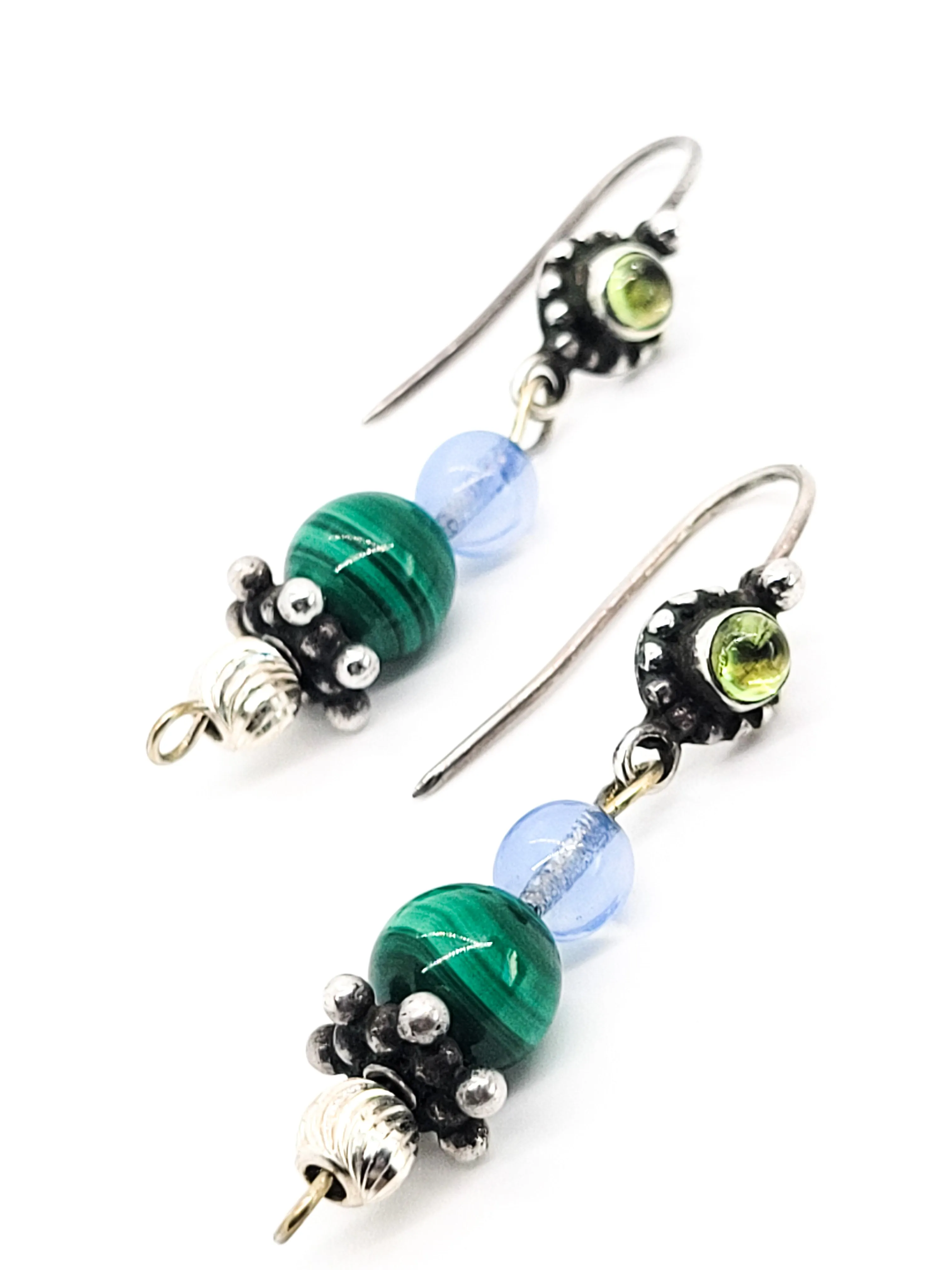 Peridot and Malachite vintage beaded drop sterling silver earrings