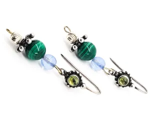Peridot and Malachite vintage beaded drop sterling silver earrings