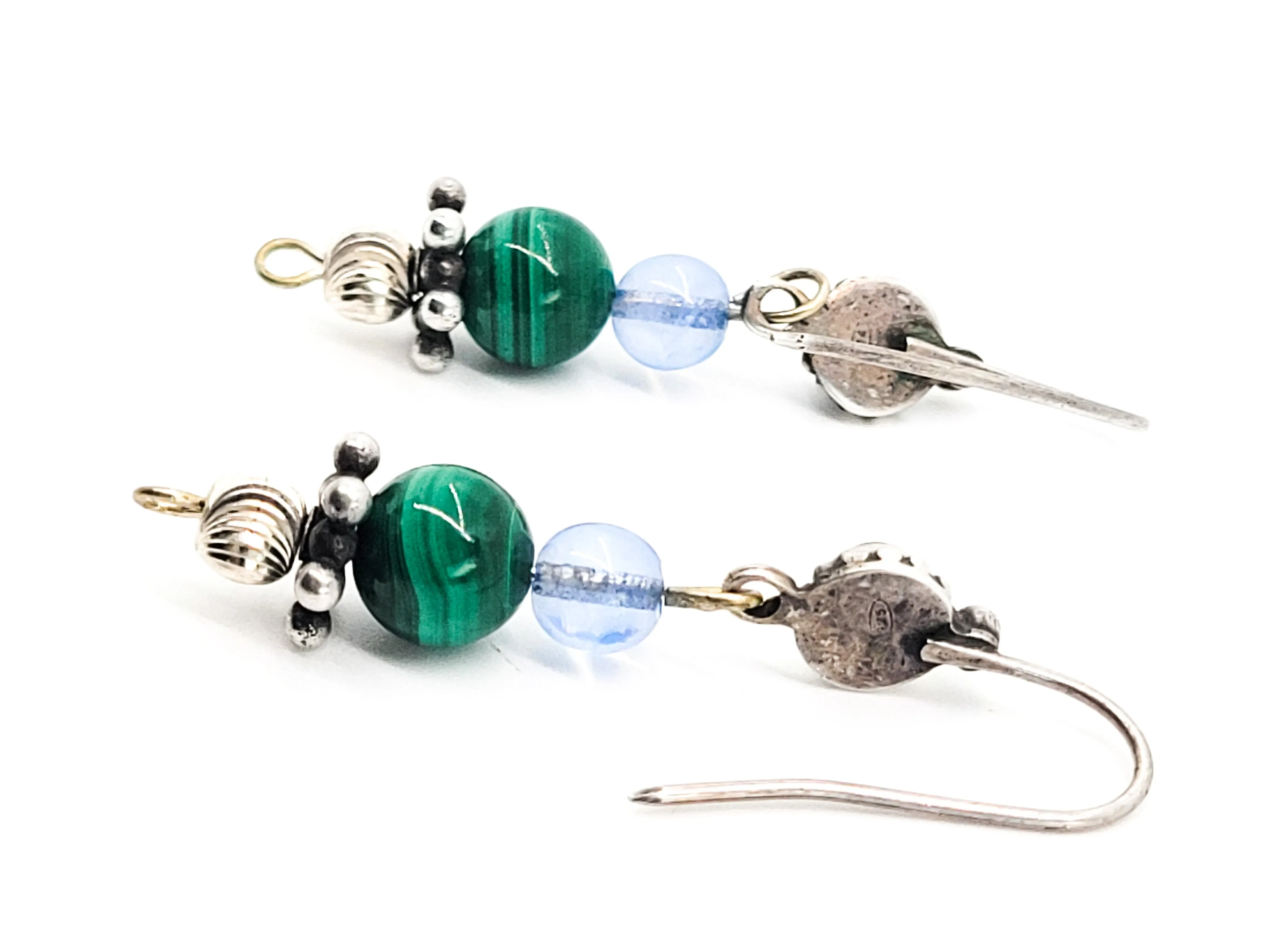 Peridot and Malachite vintage beaded drop sterling silver earrings