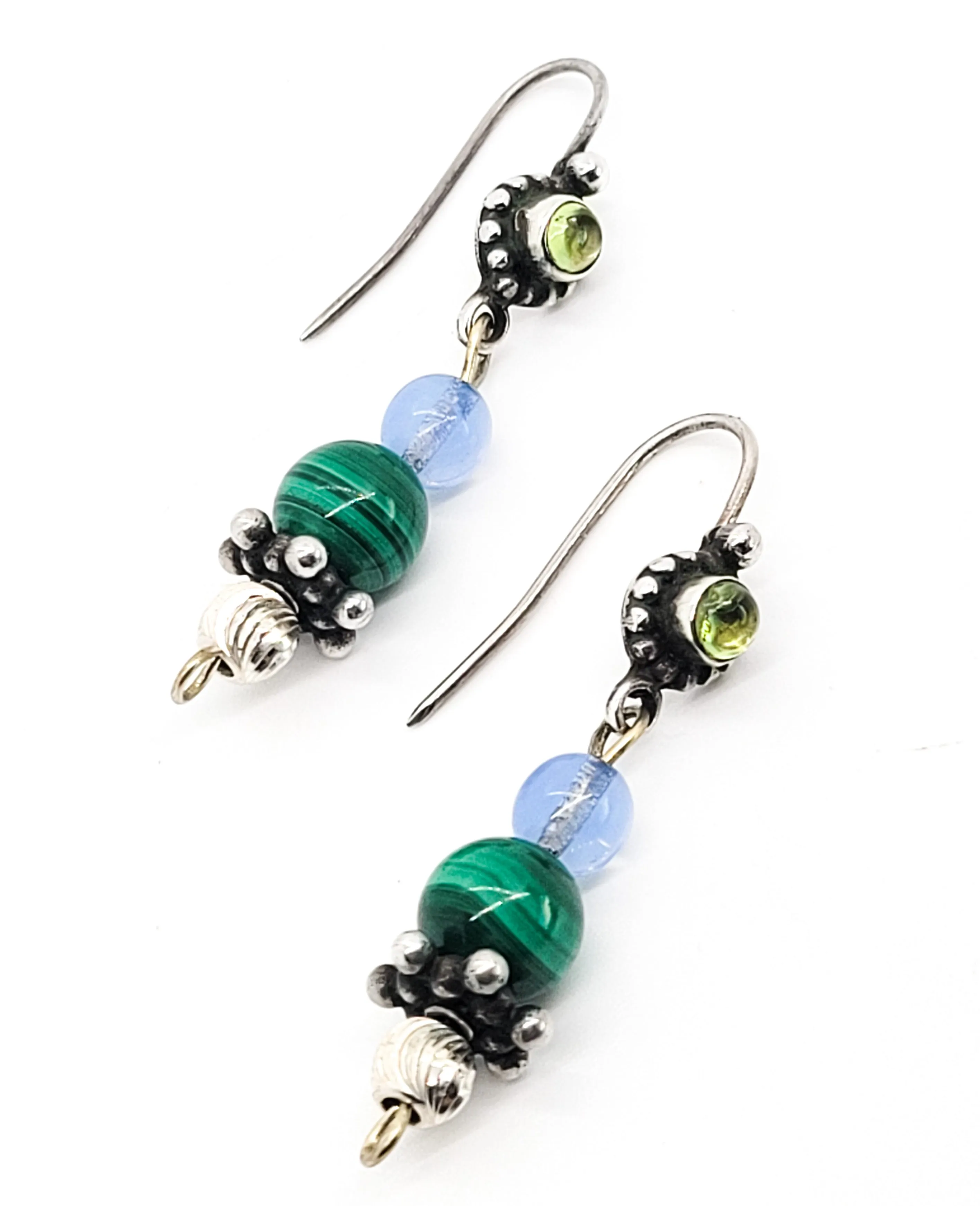 Peridot and Malachite vintage beaded drop sterling silver earrings