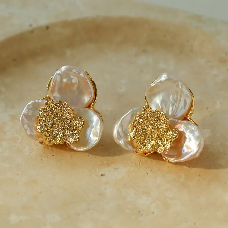 Petal Baroque Pearl Earrings-Three Petal Stud Earrings