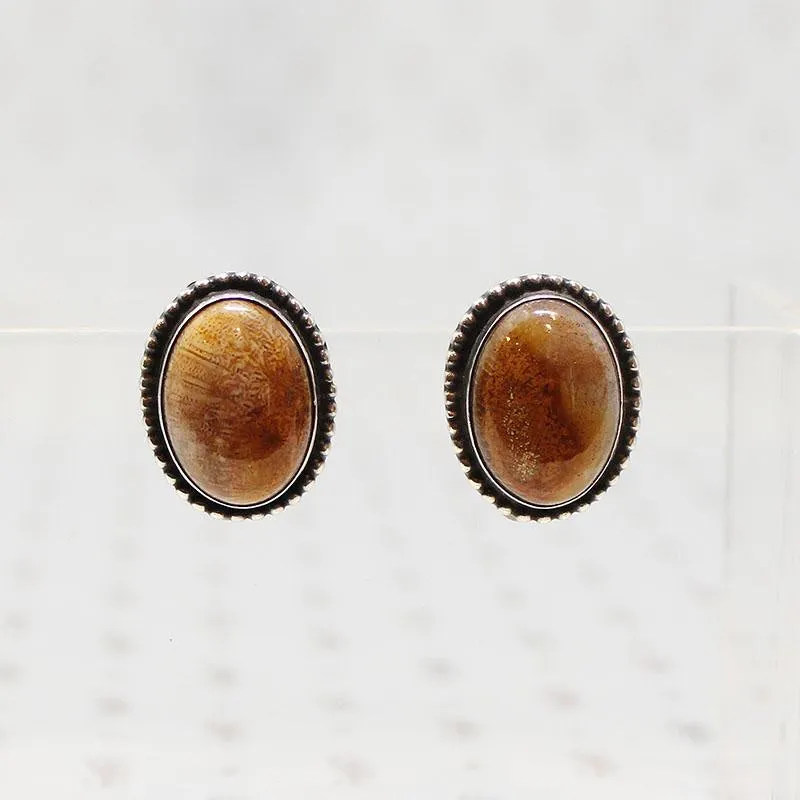 Petrified Bone & Sterling Clip On Earrings