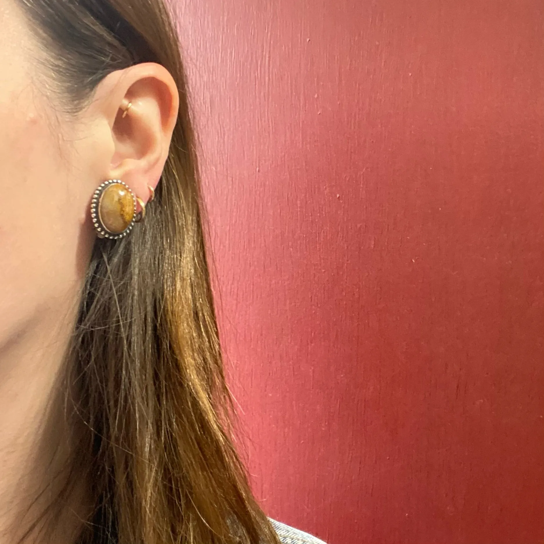 Petrified Bone & Sterling Clip On Earrings
