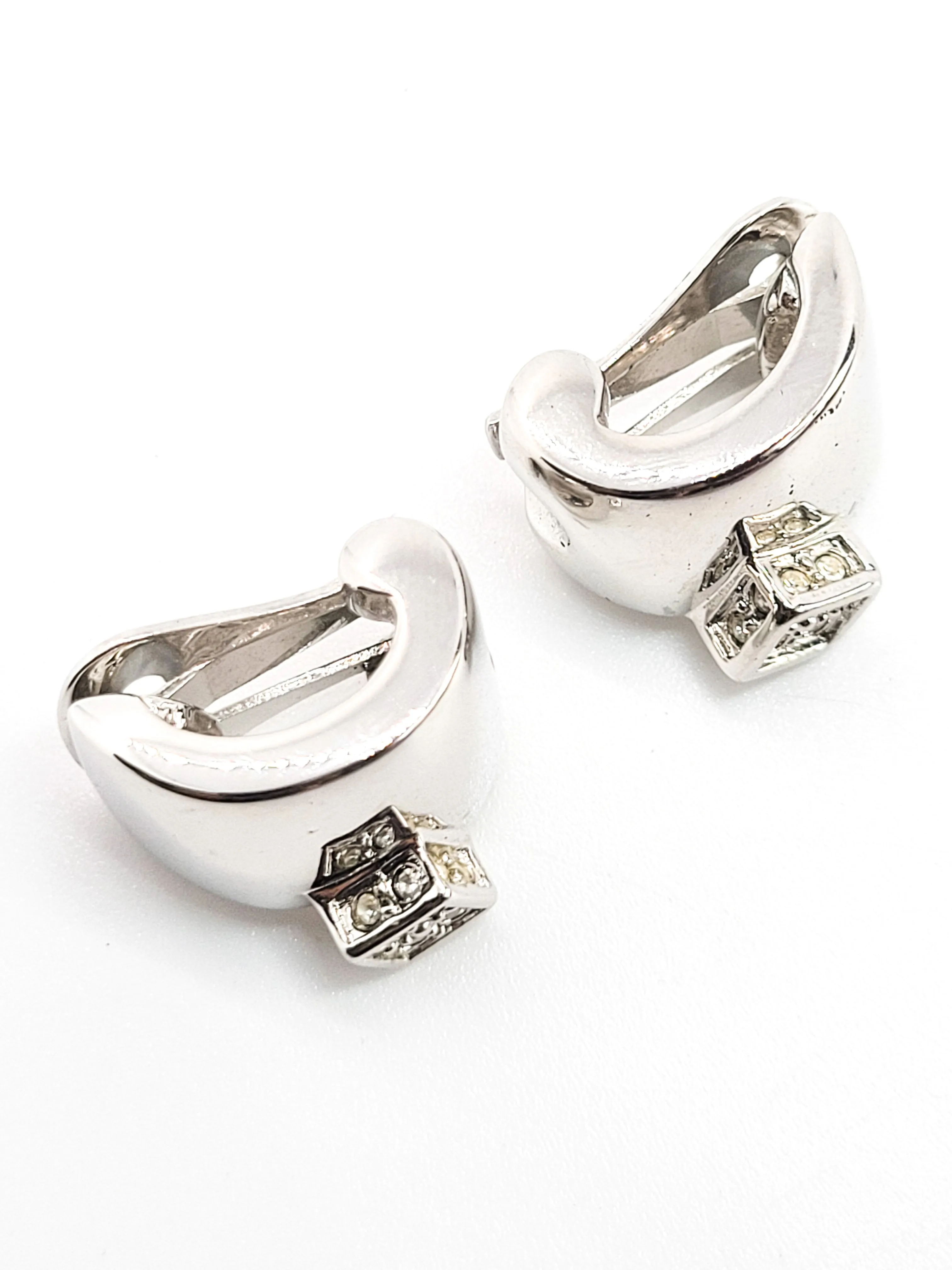 Pierre Lang Abstract Clear rhinestone chaton silver toned vintage clip on earrings