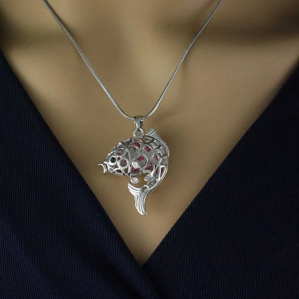 Pink Crystal 3D Fish Pendant on Silver-tone Chain - PT103