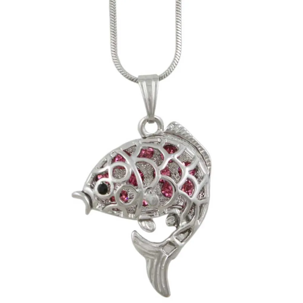 Pink Crystal 3D Fish Pendant on Silver-tone Chain - PT103