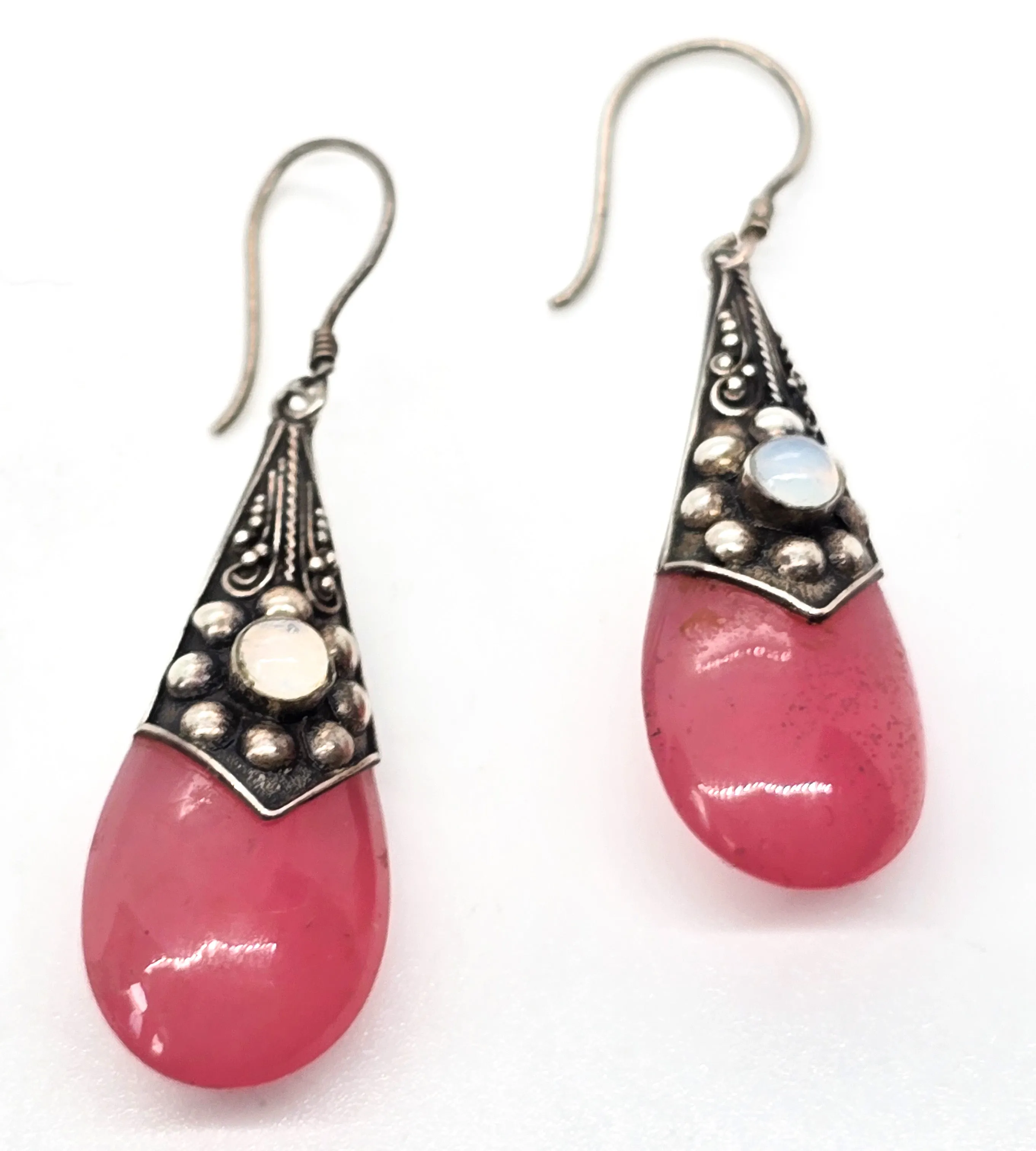 Pink opalite drop tribal Balinese vintage sterling silver earrings with opalite accents