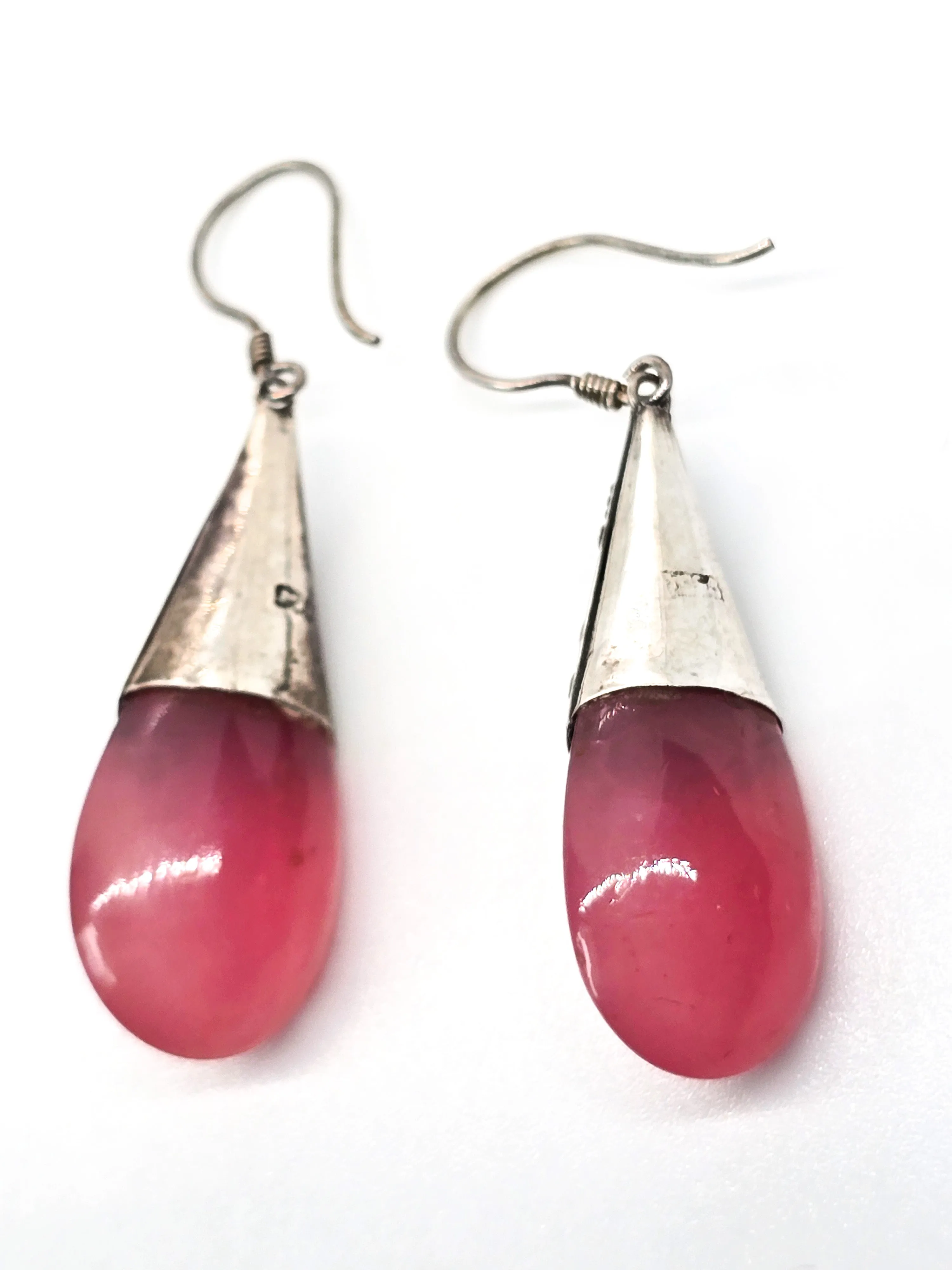 Pink opalite drop tribal Balinese vintage sterling silver earrings with opalite accents