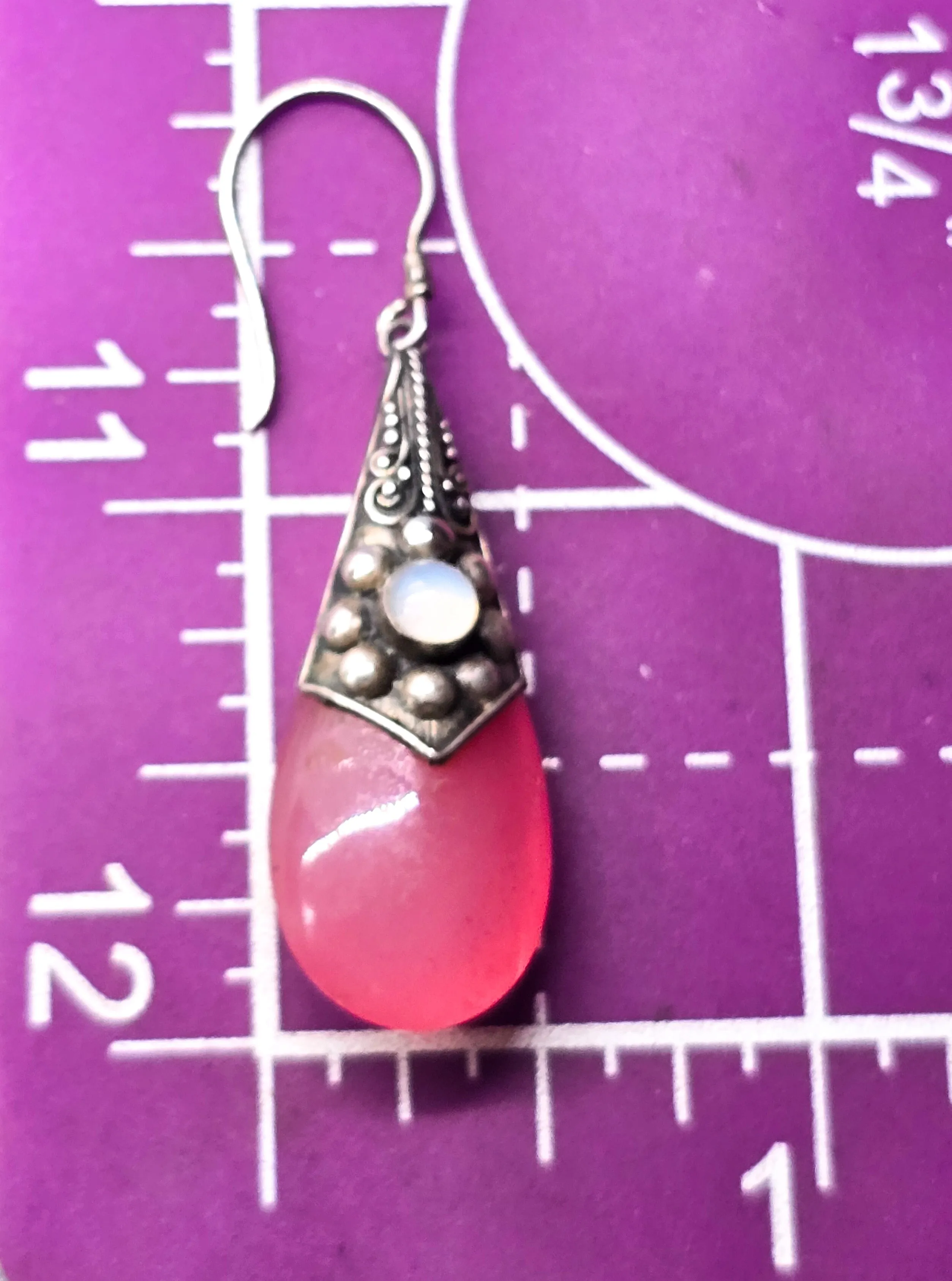 Pink opalite drop tribal Balinese vintage sterling silver earrings with opalite accents