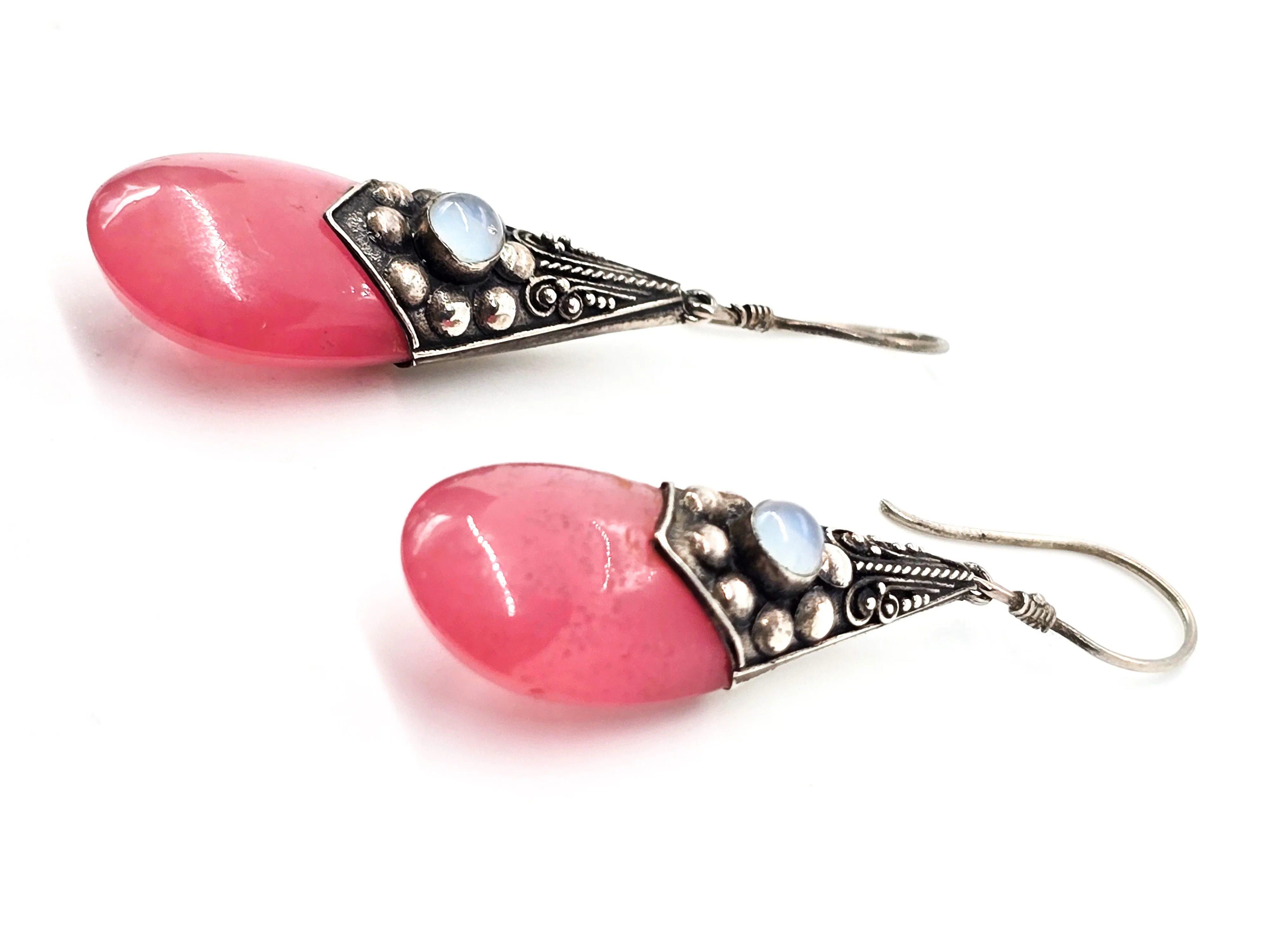 Pink opalite drop tribal Balinese vintage sterling silver earrings with opalite accents