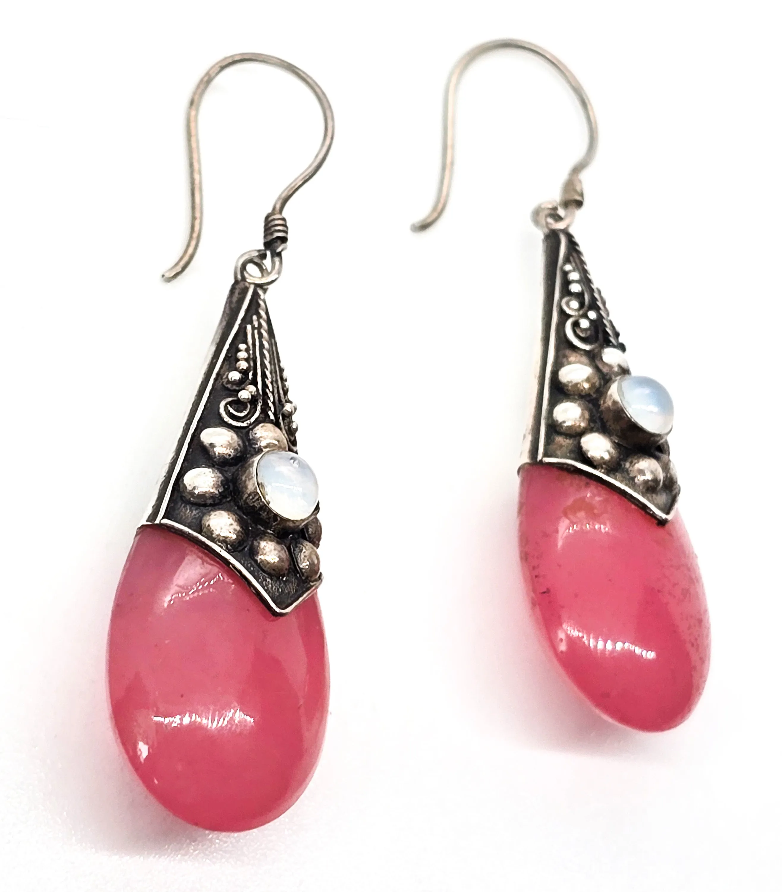 Pink opalite drop tribal Balinese vintage sterling silver earrings with opalite accents