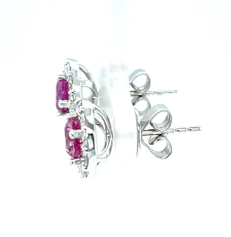 Pink Sapphire and Diamond Halo Stud Earrings in 18k White Gold