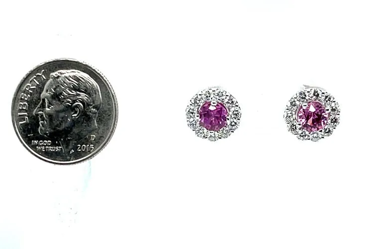 Pink Sapphire and Diamond Halo Stud Earrings in 18k White Gold