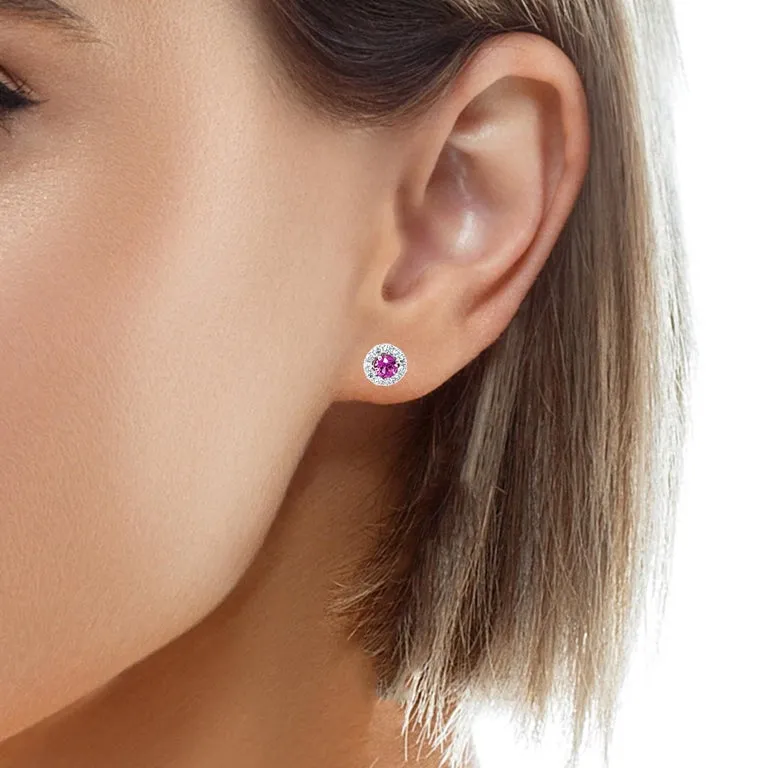 Pink Sapphire and Diamond Halo Stud Earrings in 18k White Gold
