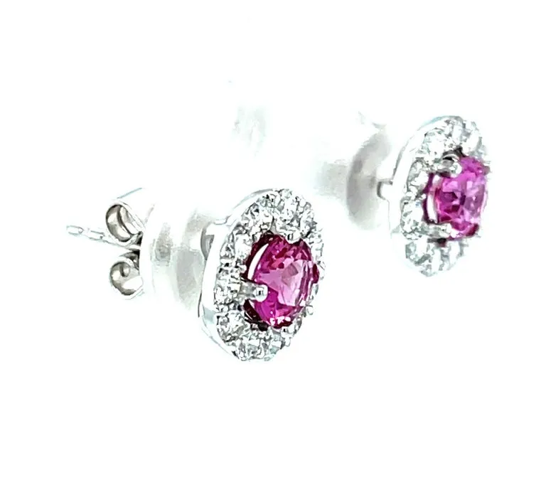 Pink Sapphire and Diamond Halo Stud Earrings in 18k White Gold