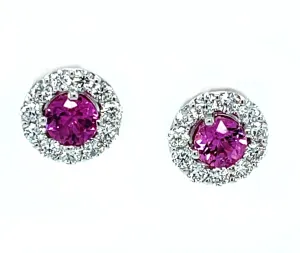 Pink Sapphire and Diamond Halo Stud Earrings in 18k White Gold