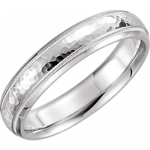 Platinum 5 mm Half Round Comfort-Fit Milgrain Band With Hammer Finish