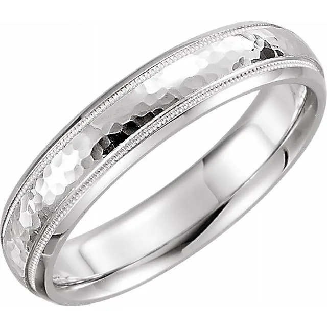 Platinum 5 mm Half Round Comfort-Fit Milgrain Band With Hammer Finish