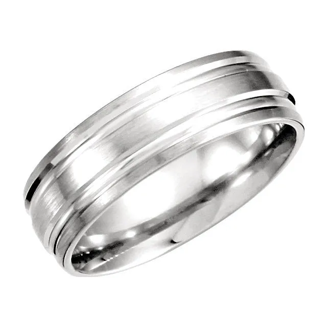 Platinum 7mm Double Cut Fancy Carved Band with Satin Finish Size 10.00