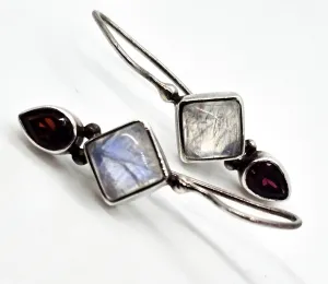Princess cut blue flash moonstone and garnet tribal sterling silver earrings