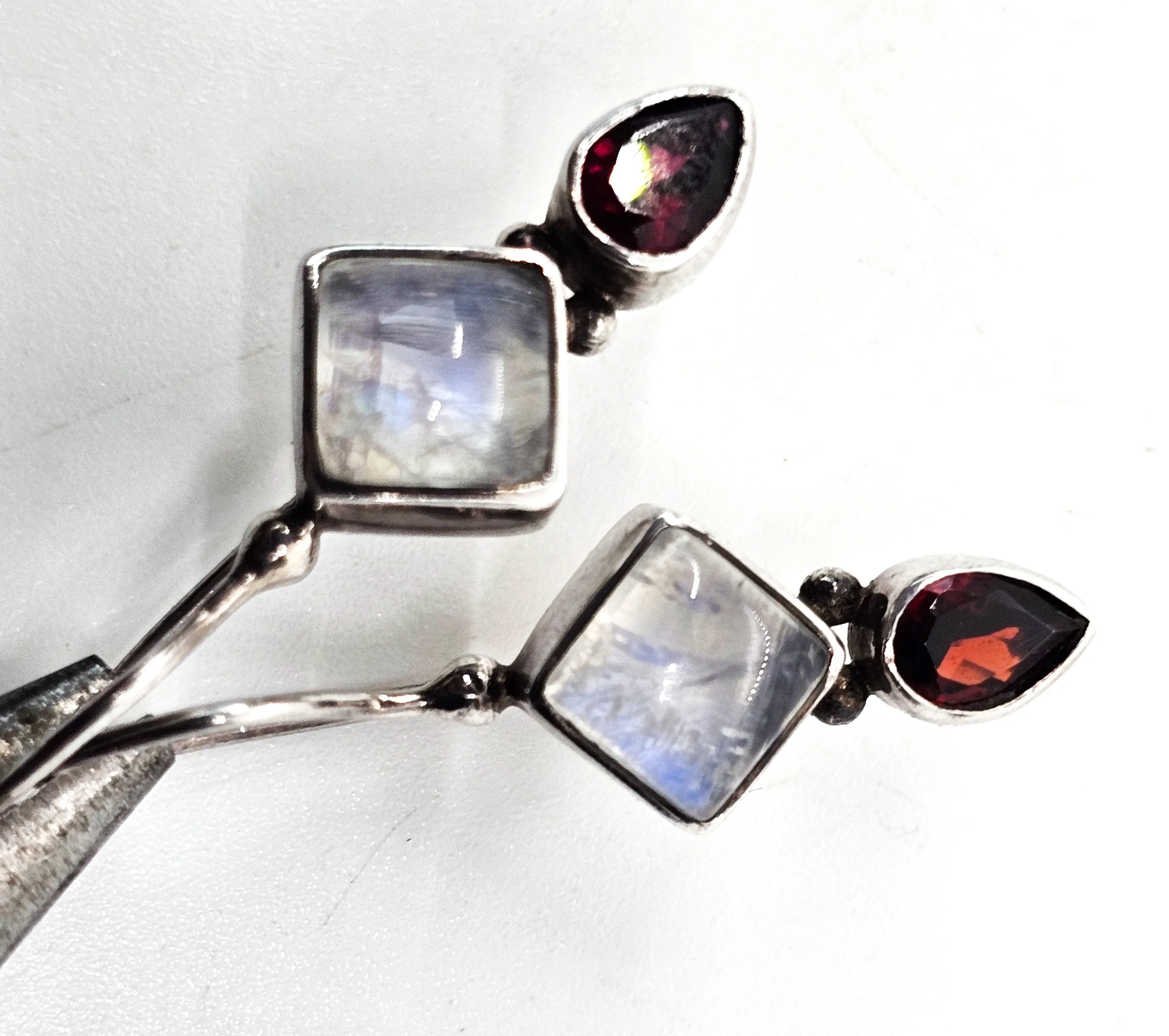 Princess cut blue flash moonstone and garnet tribal sterling silver earrings