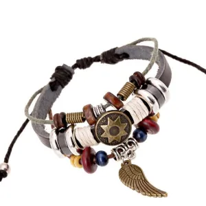 Punk Jewelry Wrap 100% Real Leather Copper Angel Wing pendant Wooden Beads Charm Bracelet & Bangle Wristband Cuff for Women
