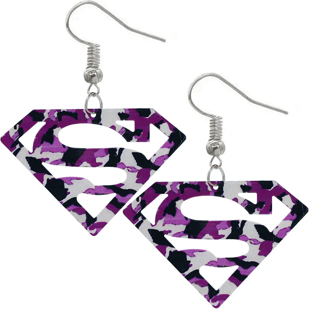 Purple Camo Superman Diamond Shaped Metal Earrings